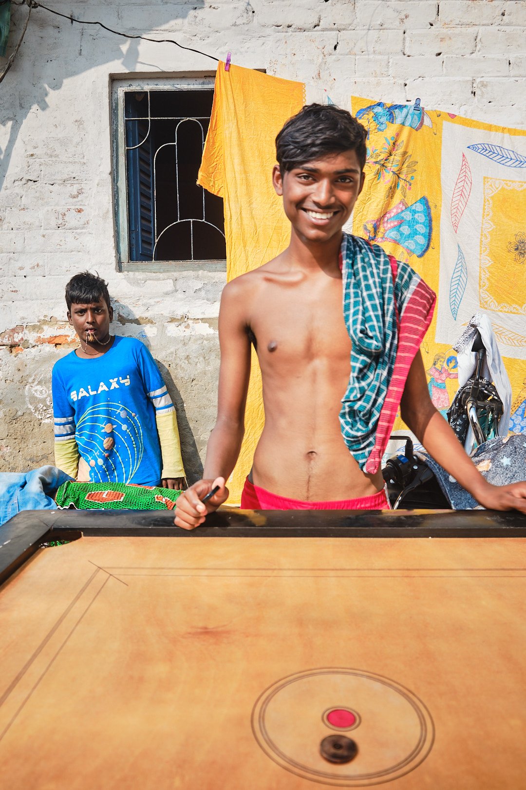 Portrait Boys Playful Carrom Game Kolkata India Documentary Street